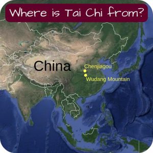 Map "where is Tai Chi from" showing Chenjiaogou and Wudang Mountains in China
